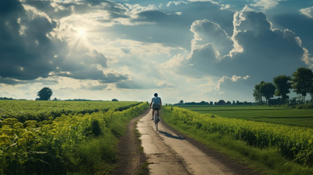 a cyclist enjoys a scenic bike ride on a dirt road, with the captivating sky as the backdrop. this photo captures the essence of german romanticism and exudes a pastoral charm. taken with a helios 44-2 58mm f2 lens, the image showcases a beautiful blend of dark green and white tones. digitally enhanced, this national geographic-worthy photo is a stunning addition to any collection. aiの素材