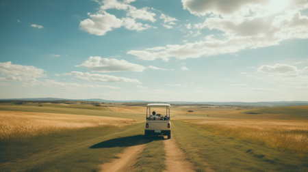 three persons driving a small wheeled vehicle on a dirt road, surrounded by serene pastoral scenes. the image showcases light teal and light gold tones, creating a romantic and dramatic landscape. with clever use of negative space, the expansive rectangular fields add to the overall beauty of the uhd image. ai generatedの素材