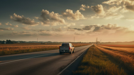 a small car moves along a country road at sunset in this intensely detailed stock photo. captured in 8k resolution and shot on 70mm, the image showcases the beauty of rural america with an american tonalism style. perfect for high-quality projects requiring a stunning visual impact. ai generatedの素材
