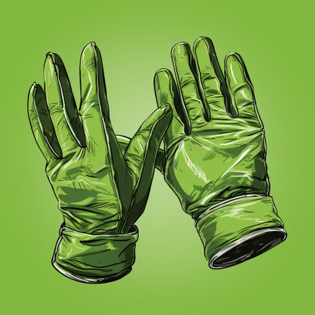 green disposable plastic gloves with fingers, isolated on a vibrant green background. this vector illustration showcases the gloves in a unique style, resembling liquid metal. the ink drawing technique adds an editorial touch, making it perfect for post-apocalyptic or energy-filled illustrations. the eye-catching detail and leatherhide texture make these gloves stand out. ai generatedの素材
