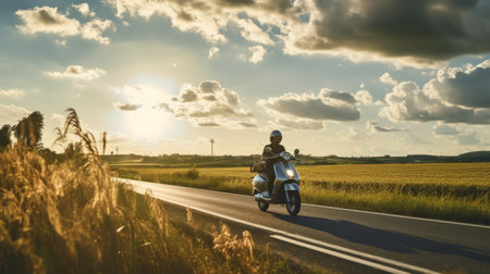 motorcyclist riding on an empty road at sunset, captured in a brushstroke-intensive portrait style reminiscent of dutch landscapes. the shallow depth of field enhances the focus on the rider, while the light yellow and light indigo tones create a captivating atmosphere. shot with a konica auto s3 camera on provia film, this image evokes the beauty of the french countryside. ai generatedの素材