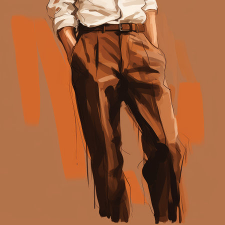 a man is depicted in this speedpainting-style portrait, wearing brown trousers and a shirt. the warmcore color palette adds depth to the contrasting colors, creating a crisp and clean look. the retro charm is enhanced by the dark white and dark orange tones, making this character study visually captivating. ai generatedの素材