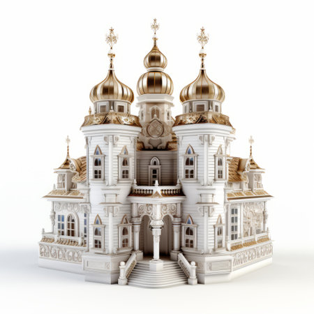 a goldendomed white church 3d model, inspired by dmitry vishnevsky's style, showcases a playfully ornate design. set against a white background, this hyperrealistic fantasy creation embodies the essence of tropical baroque. with meticulous attention to detail, it exudes a realistic charm while incorporating psychological symbolism. ai generatedの素材