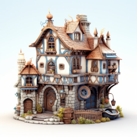 an anime-style fantasy house design featuring a highly detailed and realistic faience technique. the design showcases a playful use of light and shadow, with a color palette dominated by bronze and blue. the cartoon mis-en-scene adds a whimsical touch, while the medieval-inspired elements enhance the overall charm. the character design is imaginative and captivating. ai generatedの素材