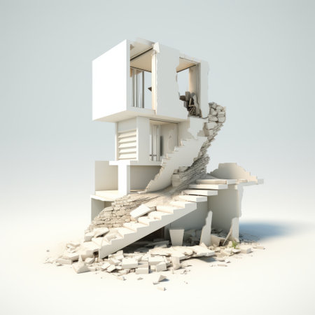 a 3d model of a building collapse, designed for photoshop, showcasing a conceptual minimalism style. this model incorporates elements of plaster, minimalistic japanese aesthetics, and tasteful utilization of negative space. inspired by the principles of bauhaus functional design, it also features eroded interiors, capturing the decisive moment of the collapse. ai generatedの素材