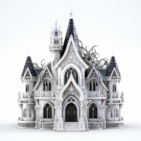 3d model of a gothic-style castle, featuring intricate and bizarre illustrations. the castle is adorned with twisted branches, creating a dark and eerie atmosphere. the contemporary candy-coated design adds a unique touch to this suburban gothic masterpiece. meticulous attention to detail brings out the essence of halloween in this captivating creation. ai generatedの素材