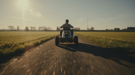 a man riding his bike through the countryside, captured with the voigtlander bessa r2m camera, showcases the raw and emotional imagery reminiscent of dutch and flemish art. the dark gray and light bronze tones add a touch of autopunk aesthetic to the scene, creating a unique and captivating composition. ai generatedの素材