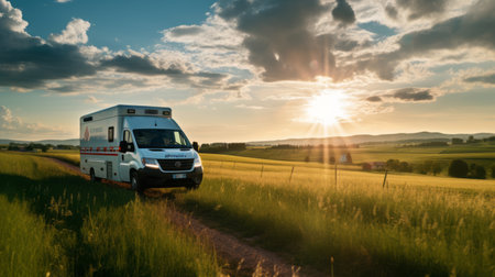 an ambulance from the dusseldorf school of photography is captured driving down a dirt road at sunset. the image showcases romantic landscape vistas with a touch of kitsch and camp charm. shot with a zeiss milvus 25mm f/1.4 ze lens, the photo features a modern and sleek aesthetic, highlighted by the contrasting colors of light green and indigo. this uhd image captures a unique blendの素材