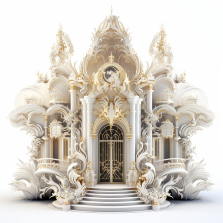 a white and gold colored hotel stands out against a pristine white background. the hotel's design draws inspiration from ethereal sculptures, exotic fantasy landscapes, and rococo interiors. with vray tracing, the intricate details of the hotel's confessional-like structure and organic stone carvings are highlighted. the overall aesthetic is reminiscent of thai art. ai generatedの素材