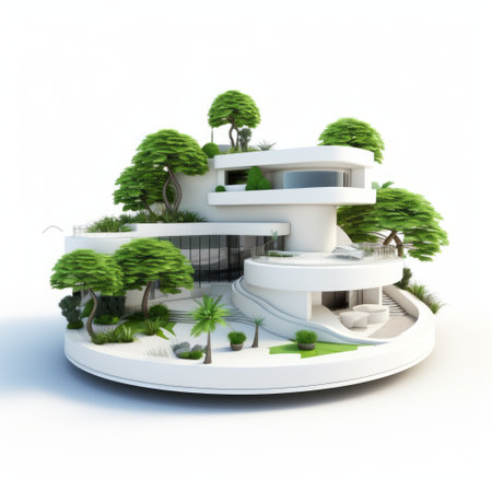 a house on a white plate surrounded by green trees and featuring an octagon in the front. this japanese contemporary style composition showcases elements like octane render, multi-layered compositions, spiral group, organic stone carvings, future tech, and high dynamic range. ai generatedの素材