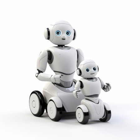 robotic child with two robots on white backgrounds, depicted in a 3d rendered illustration. the style of the artwork is precise and lifelike, with a color palette consisting of dark white and light silver. the scene portrays a futuristic concept, set in the year 5001000 ce, showcasing the use of cad (computer aided design) technology. the image is characterized by its clean and streamlined appearance,の素材