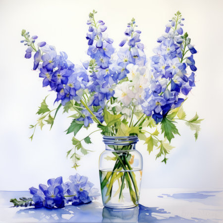 an open jar filled with flowers, showcasing the realistic watercolor style. the light white and blue hues create a serene atmosphere on the large canvas paintings. the violet flowers add a pop of color, while the stark contrast of light and shadow enhances the visual impact. the symmetrical arrangement exudes a sense of balance, while the transparency and lightness add an ethereal touch. ai generatedの素材