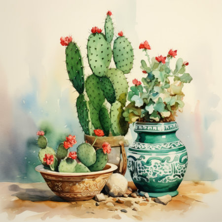 a watercolor painting of a cactus in a terracotta basket with a hand-painted floral pattern. the cactus is isolated and depicted in the style of realistic still lifes with dramatic lighting. created by zhichao cai, the artwork showcases light emerald and red hues. the decorative vessels and exacting precision add to the traditional landscapes. found on flickr. ai generatedの素材