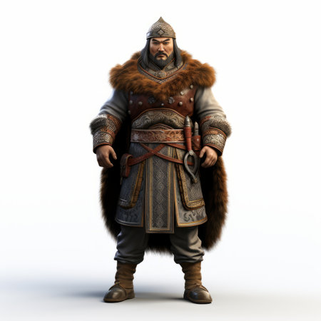 a 3d man wearing a fur coat stands confidently against a white background, reminiscent of the artistic styles of the northern and southern dynasties. this visually striking image, inspired by artists like raphael lacoste and aykut aydogdu, showcases traditional costumes and a strong use of contrast. the traditional color scheme adds to the overall impact of the composition. ai generatedの素材