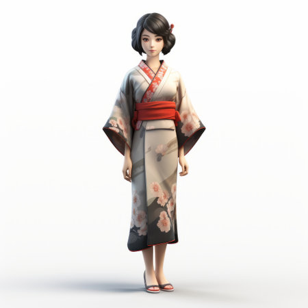 a woman in a kimono stands gracefully beside a white wall, showcasing the stunning blend of unreal engine 5's realistic yet stylized graphics. this illustration captures the essence of the heian period with its group material and toy-like proportions, reminiscent of late 19th-century art. ai generatedの素材