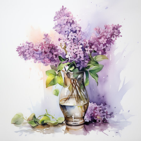 a stunning watercolor pencil drawing capturing the beauty of purple lilacs and green leaves with flowers. the artwork is done in a unique style resembling glass as a material, creating a majestic composition. the paint dripping technique adds an artistic touch to the decorative vessels. the color palette includes light purple and light gray, reminiscent of porcelain. this artwork is created using the ferrania p30の素材
