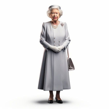queen elizabeth i is depicted in a grey dress and jacket, holding a handbag. her hair is styled elegantly, and the image has a commercial, ambient occlusion style. the photograph, captured with kodak colorplus, showcases isolated figures with toy-like proportions. this uhd image exudes a unique grandparentcore aesthetic. ai generatedの素材