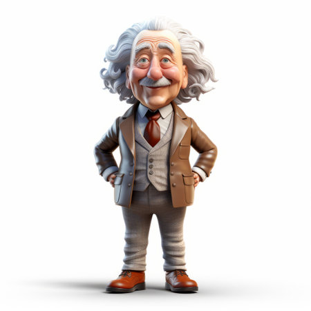 a cartoon representation of albert einstein, created by adrianus eversen, showcases a charming and lifelike figure. this full-body illustration captures einstein's lively facial expressions and playful character design, resulting in a captivating and high-definition image. ai generatedの素材
