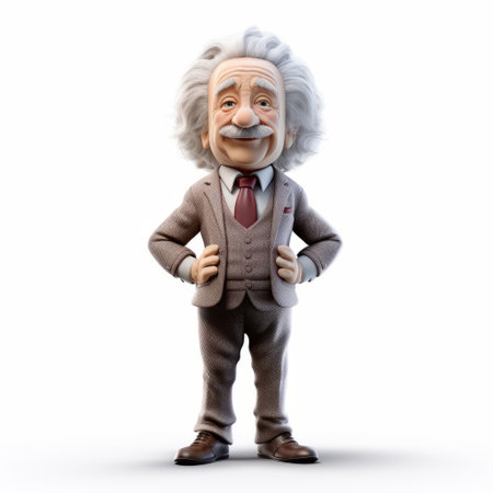an animated 3d image of albert einstein, featuring charming character illustrations. the image showcases a full-body depiction of einstein with elegant and emotive faces, highlighting his strong facial expressions. the color palette consists of light gray and brown tones, while the proportions of the character resemble a toy-like appearance. ai generatedの素材