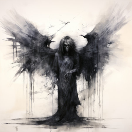 a large-scale black and white painting on paper featuring a white devil, created in the style of moody realism. this haunting artwork showcases intricate avian illustrations, with life-like details and a dark, foreboding color palette. the painting exudes an air of mystery and is reminiscent of sanctuary and grimoires. ai generatedの素材