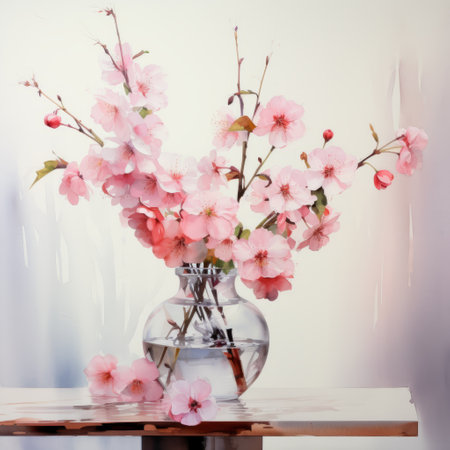 a glass vase with pink flowers is showcased on a table, reflecting the influence of japanese traditional art. the speedpainting technique captures the essence of cherry blossoms, while the light gray and light crimson hues add depth. the photo-realistic and concise brushwork techniques enhance the felinecore aesthetic. ai generatedの素材