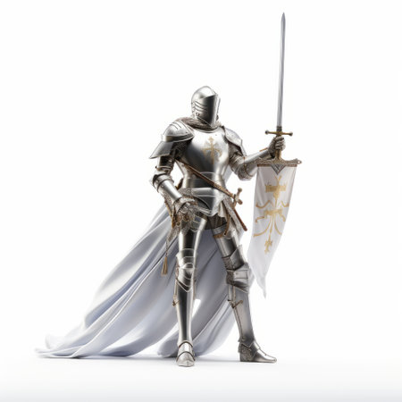 medieval warrior in silver armor and sword, depicted in a hyperrealistic rendering style. the image showcases light white and light gold tones, with smooth and curved lines. the armor is chrome-plated, giving it a sleek appearance. the high-angle shot highlights the regional gothic influence, while maintaining an elegantly formal aesthetic. ai generatedの素材