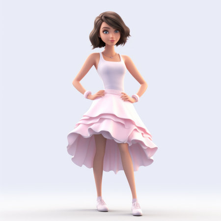a charming and glamorous 3d animated model is seen wearing a pink dress with white stripes, reminiscent of charming anime characters. the toning technique used gives the dress a light beige color, enhancing its rounded and charming appearance. this character study showcases the captivating allure of the model. ai generatedの素材