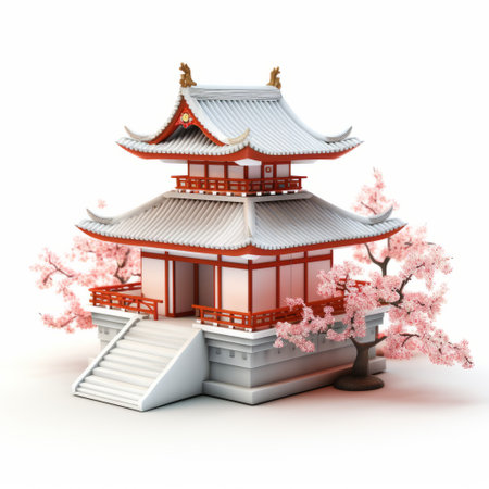 a japanese-inspired 3d structure featuring a pink cherry tree stands gracefully, adorned with chinese iconography. the light white and light red hues enhance the hyperrealistic rendering of this religious building, reminiscent of the architectural styles from the northern and southern dynasties. the influence of zen buddhism is evident in its serene and tranquil ambiance. ai generatedの素材