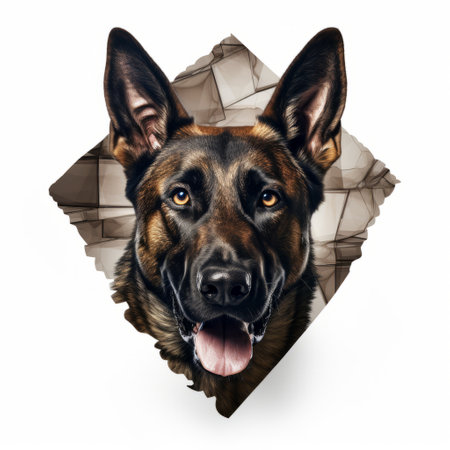 a german shepherd dog, depicted in a cubist fragmented reality style, is seen on a plate adorned with diamonds. the hyperrealistic mural showcases a strong facial expression of the dog. made of cardboard and featuring rtx technology, the artwork boasts a densely textured or haptic surface, creating a high dynamic range. ai generatedの素材