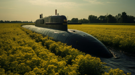a submarine parked on a waterway surrounded by vibrant sunflowers. this photo showcases the unique style of darktable processing, with brushstroke fields and revolutionary composition techniques. the vibrant color fields and precisionist lines add depth to the image, while the distinctive noses of the submarine and traincore elements create an intriguing visual narrative. ai generatedの素材