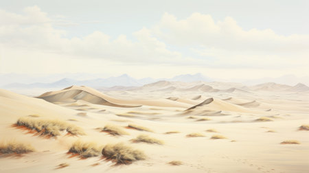 a desert landscape drawing featuring a realistic and hyper-detailed rendering of the desert, with a touch of grass. the artwork, created in the style of historical painting by zinaida serebriakova, showcases light beige and beige tones. this dreamscape portraiture is presented in 8k resolution, capturing the intricate details of the scene. ai generatedの素材