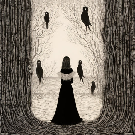 a woman in a long dress stands in a tree surrounded by a flock of crows. this monochromatic realism style photograph captures haunting figuratives and is inspired by folk art. the dark reflections and trapped emotions depicted create a primitive folk art feel in this haunting landscape. ai generatedの素材