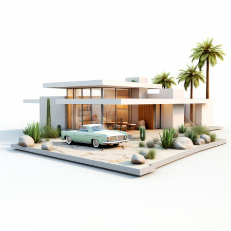 a modern house with palm trees, an old car, and a tree is captured in this ambient occlusion style photograph. the design showcases american mid-century influences with its rich and immersive atmosphere. the house is adorned in a white and aquamarine color scheme, highlighting the use of precious materials and chrome-plated accents. ai generatedの素材