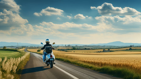 a man riding his motorcycle on a wide, curving road amidst a serene and picturesque landscape. the sky-blue and gold hues of the surroundings create a tranquil atmosphere. the dark teal and light white colors of the fujifilm eterna 160t type 8531 film enhance the polished surfaces and landscape-focused composition of the photo. ai generatedの素材