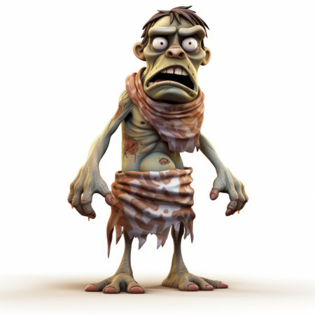 a cartoon zombie with a sickly expression is depicted in this photo. the zombie is dressed in a white shirt and has a pre-columbian art style, with light brown and dark beige colors. the image has a frayed appearance and is illuminated with softbox lighting. this photo has a resemblance to xbox 360 graphics and is associated with the press. ai generatedの素材