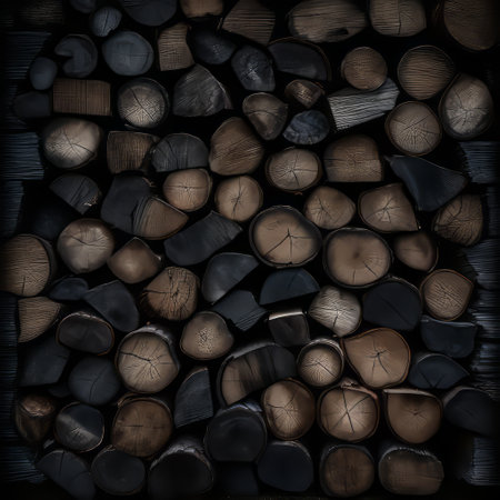 aerial view of rustic realism: wood stacked in circular shapes on a black background. this textured, gothic-inspired photo showcases dark and moody tones, creating a mosaic-like composition. softbox lighting enhances the realistic details, adding depth to the image. ai generatedの素材
