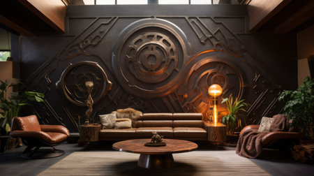 the living room showcases stunning dark woods and a striking metal wall, reminiscent of vintage sci-fi. the space features circular shapes, industrial machinery aesthetics, sculptural reliefs, and futuristic robots, all adorned with intricate decorative details. the high-resolution image captures the captivating essence of this unique and futuristic design. ai generatedの素材