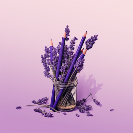 a vase filled with purple flowers and pencils, showcasing a hyperrealistic composition. this dreamlike illustration combines minimalistic portraits with environmental awareness, using subdued colors. the artwork is an example of witty and clever cartoons, capturing attention with its unique style. ai generatedの素材