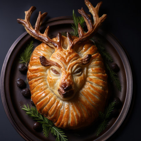 a plate with a pastry-covered dish filled with a deer-like meat, showcased against a black background. the photo features photobashing techniques, creating a festive atmosphere with an epic portraiture style. the composition draws inspiration from angura kei, medieval aesthetics, and natural elements. ai generatedの素材