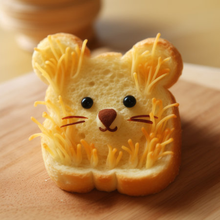 a cat-shaped sandwich made of cheese, inspired by the artistic styles of miki asai, patrick dougherty, explosive wildlife, light gold and yellow hues, keith haring, and the american barbizon school. ai generatedの素材