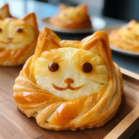 a close-up photo of thai art-inspired pastries resembling cats, arranged on a table. the pastries are crafted in the style of japanese folklore-inspired art, featuring smooth and curved lines. the light yellow and light amber colors add to the aesthetic appeal. the high-resolution image showcases the dimensional illusion of the pastries, providing a visually captivating experience. ai generatedの素材