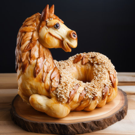 a large horse-shaped loaf of bread, resembling an elaborate fruit arrangement, captured with the zeiss batis 18mm f/2.8 lens. this unique creation showcases the exquisite craftsmanship of artist rashad alakbarov. inspired by the twisted imagination of seth macfarlane and the elegance of pierce brosnan, this photo is a testament to the limitless possibilities of artistic expression. ai generatedの素材
