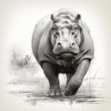a sketch of a hippopotamus, showcasing its distinctive features and powerful presence. this detailed illustration captures the essence of this magnificent creature, with its massive body, wide mouth, and short legs. the sketch beautifully portrays the hippopotamus's unique charm and strength, making it a captivating subject for any art enthusiast or animal lover. ai generatedの素材