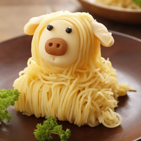 a picture of a sheep spaghetti, resembling simplified dog figures, created by goro fujita. the sculpture is made of cheese and captured in high-definition (uhd) image quality. this artwork combines influences from ayako rokkaku, anne geddes, and traditional vietnamese styles. ai generatedの素材
