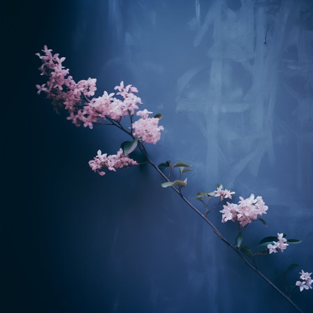 a branch of lilac flowers leans against a wall, creating a surreal and dreamlike composition. the dark indigo and pink colors add to the ethereal atmosphere of the image. this scanner photograph captures the translucent beauty of the flowers, influenced by zen buddhism. the high-resolution 8k quality enhances the details, reminiscent of the works of hyacinthe rigaud. ai generatedの素材