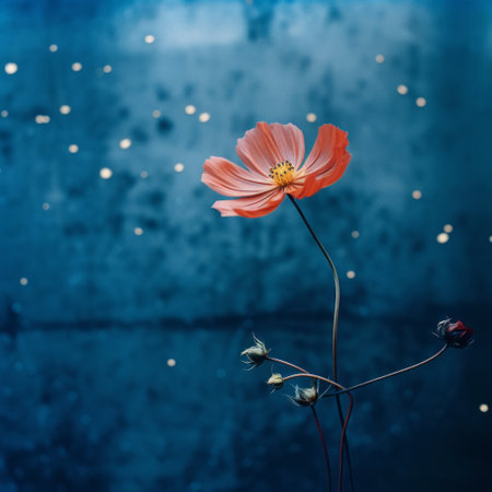 a single, red flower stands out against a dark backdrop, creating a whimsical and dreamlike atmosphere. the vibrant red contrasts beautifully with the light pink and dark blue hues. captured with the tokina at-x 11-16mm f/2.8 pro dx ii lens, the image showcases a delicate balance and harmony. the stars art group xing xing adds a touch of light orange and gray, while gossamer fabricsの素材