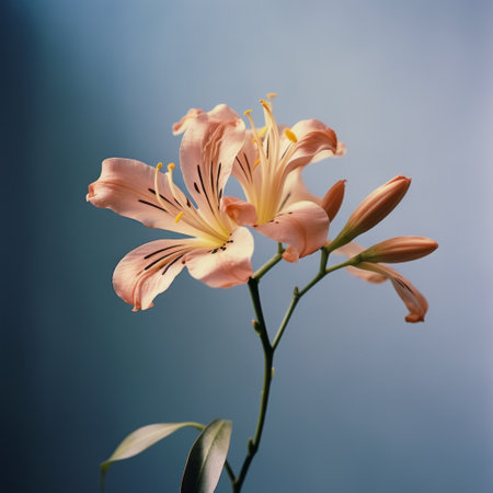 two beautiful pink lilies grace a brown background, captured with a hasselblad hc 100mm f22 lens. the image showcases a realistic depiction of light, with delicate curves and fine lines. the lilies stand out against the dappled light, creating a stunning contrast between the light orange and gray tones. ai generatedの素材
