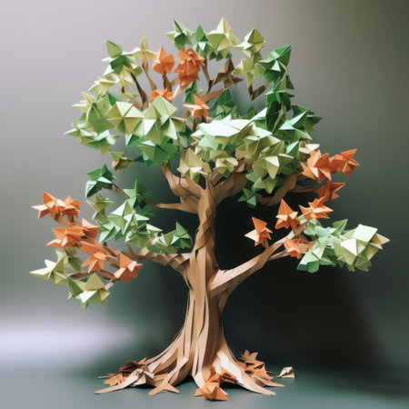 a photo of a meticulously crafted tree made entirely of origami circles, ranging in size from large to small. the tree is designed in a realistic style, with a combination of light orange and dark emerald colors. the hyper-detailed rendering showcases the intricate folds and textures of the origami circles. the tree's foliage is highly detailed, featuring a mix of light green and light brownの素材