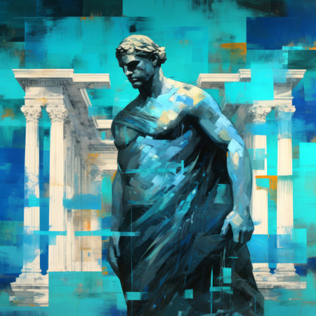 a neoclassicism painting featuring a blend of loose thin scribbles and abstract elements created with bold brushstrokes. the artwork incorporates elements of cubism and renaissance, with ample negative space. the color palette predominantly consists of various shades of turquoise, complemented by turquoise accents. ai generatedの素材