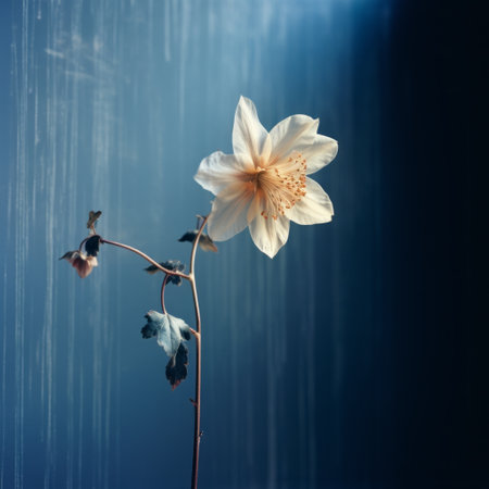 a white flower emerges from a blue wall, creating a captivating contrast in this gauzy atmospheric landscape. the dark sky-blue and light beige tones enhance the depiction of trapped emotions, reminiscent of japanese photography. the fanciful and dreamlike imagery is accentuated by the presence of water drops and a golden light. ai generatedの素材